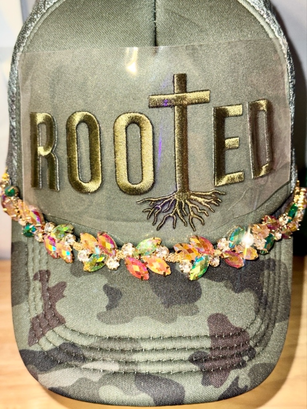 ROOTED Puffy Patch Camo Baseball Hat with Gorgeous Iridescent Gem Chain